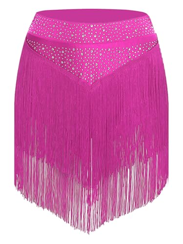 TSSOE Damen Fransenrock Tanzrock Latin Rock mit Quasten Fischnetz Kurze Tango Rumba Rock Bauchtanz kostüm Tanzkleidung Hot Pink XL von TSSOE