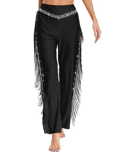 TSSOE Damen Glitzer Tanzhose Fransen Latein Hose Tango Rumba Cha-Cha Pants Übungshose Elastischer Bund Leggings Flapper Outfits Schwarz XL von TSSOE