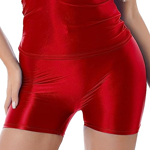 TSSOE Damen Metallic Hotpants Glänzende Hohe Taille Booty Shorts Kurze Hose für Tanz Sport Disco Gogo Clubwear Badeshorts Rot B M von TSSOE