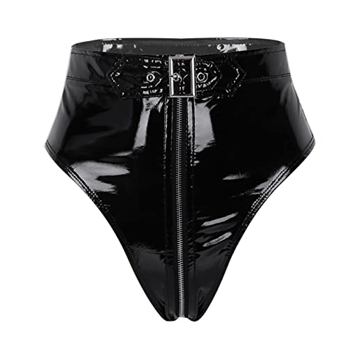 TSSOE Damen Ouvert Slip Wetlook Hotpants mit Reißverschluss Lack Leder String Tanga Höschen Frauen Sexy Dessous Unterwäsche Gogo Outfits Clubwear Schwarz G L von TSSOE