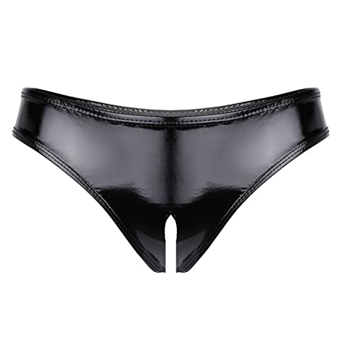 TSSOE Damen Ouvert Slip Wetlook Hotpants mit Reißverschluss Lack Leder String Tanga Höschen Frauen Sexy Dessous Unterwäsche Gogo Outfits Clubwear E Schwarz 3XL von TSSOE