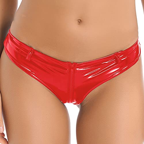 TSSOE Damen Ouvert Slip Wetlook Hotpants mit Reißverschluss Lack Leder String Tanga Höschen Frauen Sexy Dessous Unterwäsche Gogo Outfits Clubwear Rot M L von TSSOE