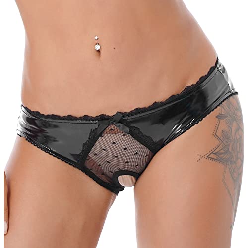 TSSOE Damen Ouvert Slip Wetlook Hotpants mit Reißverschluss Lack Leder String Tanga Höschen Frauen Sexy Dessous Unterwäsche Gogo Outfits Clubwear Schwarz J L von TSSOE