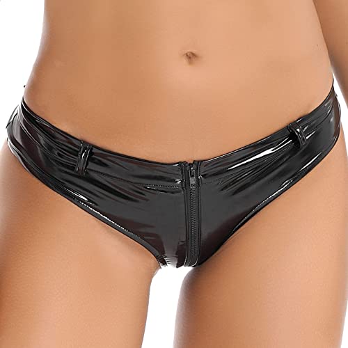 TSSOE Damen Ouvert Slip Wetlook Hotpants mit Reißverschluss Lack Leder String Tanga Höschen Frauen Sexy Dessous Unterwäsche Gogo Outfits Clubwear Schwarz M L von TSSOE