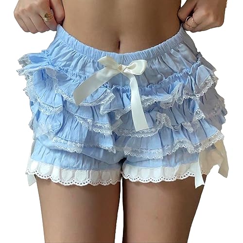 TSSOE Damen Vintage Bloomer Shorts Rüschen Spitze Unterhose Viktorianische Kürbis Kurz Hosen Pumphose Sicherheitsshorts Unterwäsche Blau F M von TSSOE