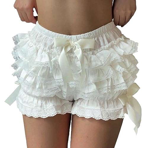 TSSOE Damen Vintage Bloomer Shorts Rüschen Spitze Unterhose Viktorianische Kürbis Kurz Hosen Pumphose Sicherheitsshorts Unterwäsche Weiß F L von TSSOE