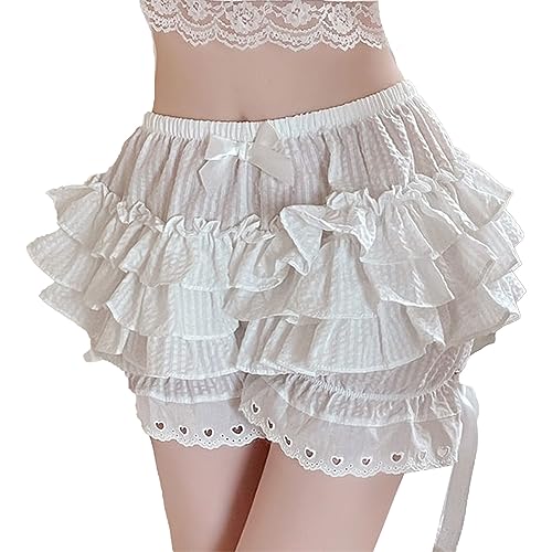 TSSOE Damen Vintage Bloomer Shorts Rüschen Spitze Unterhose Viktorianische Kürbis Kurz Hosen Pumphose Sicherheitsshorts Unterwäsche Z Weiß L von TSSOE