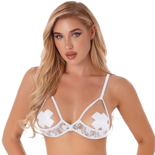 TSSOE Damen Wetlook BH Brustfrei Bustier Harness Brust Straps Offene Brüste Nippelfrei Lackleder Bra Ohne Bügel Reizwäsche Erotik Dessous D Weiß XL von TSSOE