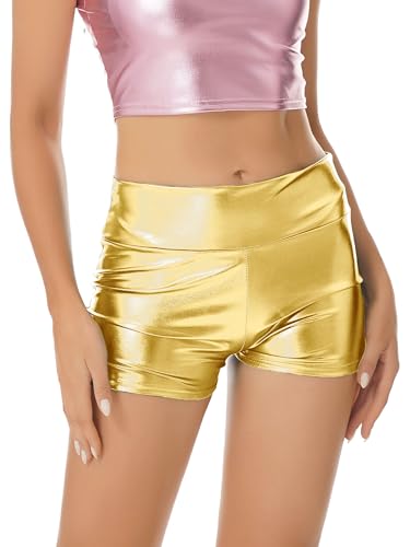 TSSOE Damen Wetlook Hot Pants Metallic Shiny Booty Shorts Kurz Hose Yoga Fitness Tanz Sporthose Gogo Outfits Clubwear Gold L von TSSOE