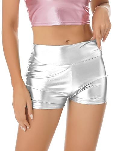 TSSOE Damen Wetlook Hot Pants Metallic Shiny Booty Shorts Kurz Hose Yoga Fitness Tanz Sporthose Gogo Outfits Clubwear Silber L von TSSOE