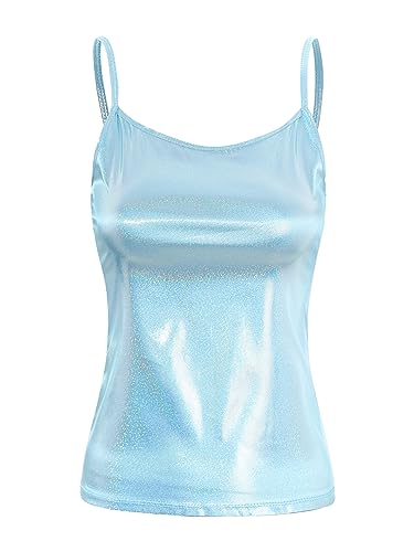 TSSOE Damen Wetlook Top Ärmellose Weste Tanktop Metallic Sommer Shirt Glänzend Unterhemd Freizeit Sport Tanz Kleidung Clubwear Hellblau A L von TSSOE