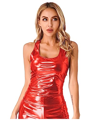 TSSOE Damen Wetlook Top Ärmellose Weste Tanktop Metallic Sommer Shirt Glänzend Unterhemd Freizeit Sport Tanz Kleidung Clubwear Rot L von TSSOE