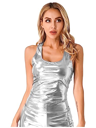 TSSOE Damen Wetlook Top Ärmellose Weste Tanktop Metallic Sommer Shirt Glänzend Unterhemd Freizeit Sport Tanz Kleidung Clubwear Silber B M von TSSOE