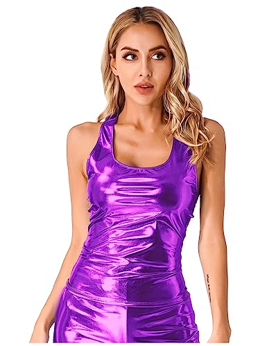 TSSOE Damen Wetlook Top Ärmellose Weste Tanktop Metallic Sommer Shirt Glänzend Unterhemd Freizeit Sport Tanz Kleidung Clubwear Violett XL von TSSOE