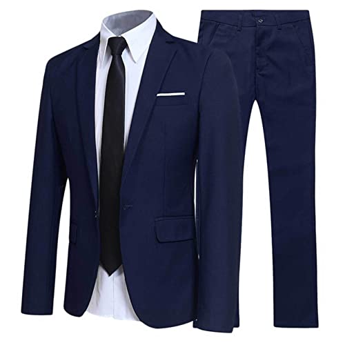 TSSOE Herren Anzug 2 Teilig Slim Fit Herrenanzug Hochzeit Business Anzug Smoking Anzüge Sakko Langarmjacke Blazer + Anzughose Set Navy Blau 3XS von TSSOE