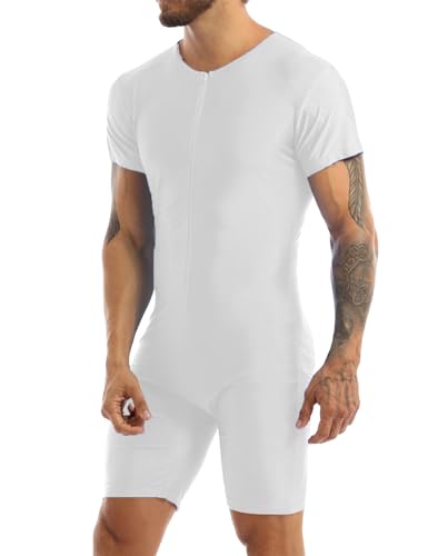 TSSOE Herren Body Mit Bein Kurzarm Overall Einteiler Bodysuit Mit Reissverschluss Slim Fit Jumpsuit Männerbody Sportbody Unterhemd Gymnastikanzug Weiß XL von TSSOE