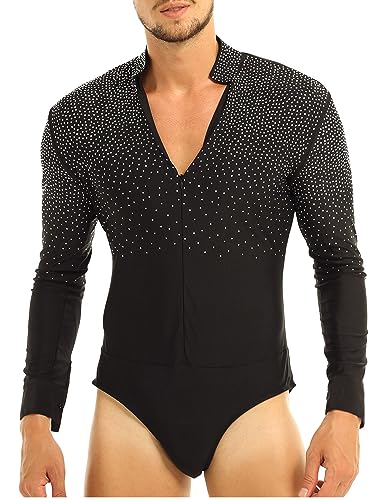 TSSOE Herren Tanz Shirt Langarm/Kurzarm V-Ausschnitt Tanzbody Latein Obeteile Leotard Overalls Männerbody Tango Rumba Ballsaal Party Tanzkleidung Schwarz XXL von TSSOE