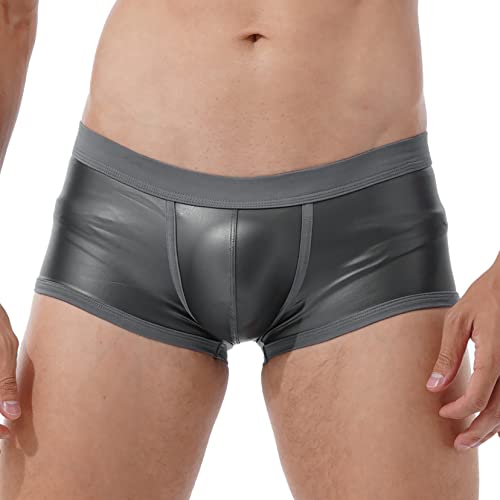 TSSOE Herren Wetlook Boxershorts Low Rise Unterhose Lackleder Shorts Trunks Boxer Briefs Männer Kurz Hose Pants Hipster Unterwäsche Schwarz M-XXL Grau S S von TSSOE