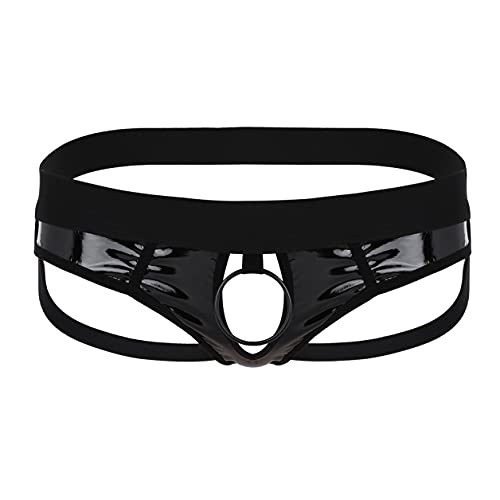 TSSOE Herren Wetlook String Sexy Ouvert Slip Jockstrap Mit Öffnung Loch Metall-Penisring Männer Lackleder Thong Tanga Low Rise Unterhose Unterwäsche Schwarz L von TSSOE