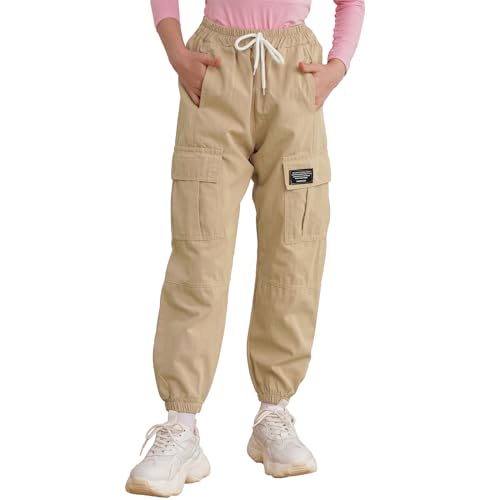 TSSOE Hosen für Jungen Mädchen Cargohose Sporthose Mit Gummizug Jogginghose Outdoor Hip Hop Tanz Streetwear Freizeit Pants Beige 122-128 von TSSOE