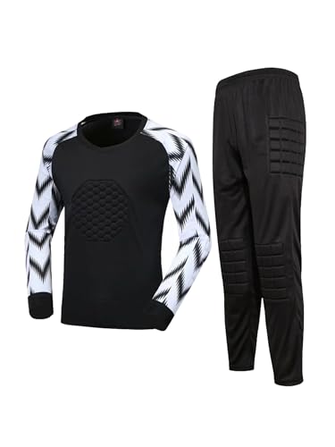 TSSOE Jungen Fußball Torwart Trikot Set Langarm Fitness Sport Trainingsshirt und Sporthose Gepolstert Trainingsanzug Sportanzug Sportwear Schwarz 134-140 von TSSOE