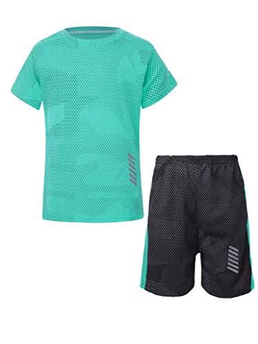 TSSOE Jungen Kurzarm T-Shirt Top + Shorts Kinder Sommer Basketball Trikots Uniformen Atmungsaktive Sportkleidung Set Grün 122-128 von TSSOE