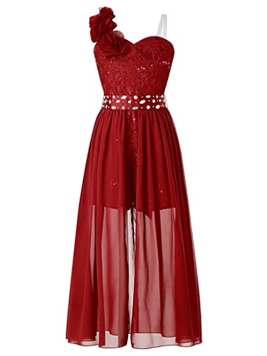 TSSOE Kinder Chiffonkleid Mädchen Partykleid Spitzenkleid Asymmetrisch Elegant Geburtstagskleid Prinzessin Kleider Hochzeit Festzug Festliches Kleid Burgundy 122-128 von TSSOE