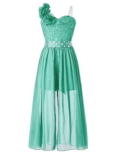 TSSOE Kinder Chiffonkleid Mädchen Partykleid Spitzenkleid Asymmetrisch Elegant Geburtstagskleid Prinzessin Kleider Hochzeit Festzug Festliches Kleid Mint Grün 134-140 von TSSOE