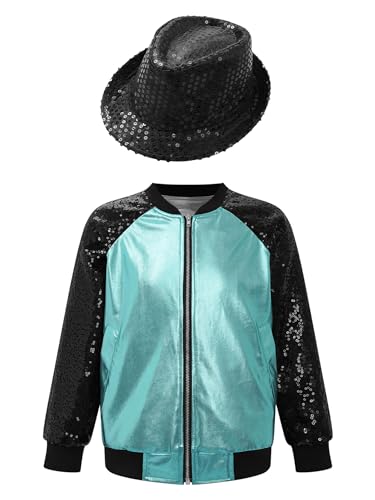 TSSOE Kinder Jungen Mädchen Metallic Baseball Jacke mit/ohne Hut Wetlook Langarm College Sweatjacke Vintage Disco Outfits Hip Hop Jazz Tanzkleidung See Blau & Schwarz 146-152 von TSSOE