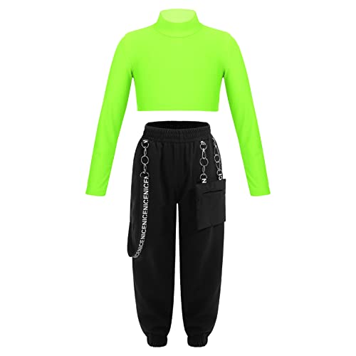 TSSOE Kinder Mädchen 2tlg Bekleidungsset Zweiteiler Sportanzug Trainingsanzug Jogginganzug Freizeitanzug Langarm Crop Top Mit Cargohose Set Gelbgrün 146-152 von TSSOE