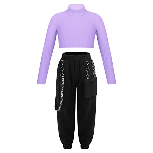 TSSOE Kinder Mädchen 2tlg Bekleidungsset Zweiteiler Sportanzug Trainingsanzug Jogginganzug Freizeitanzug Langarm Crop Top Mit Cargohose Set Lavendel 158-164 von TSSOE