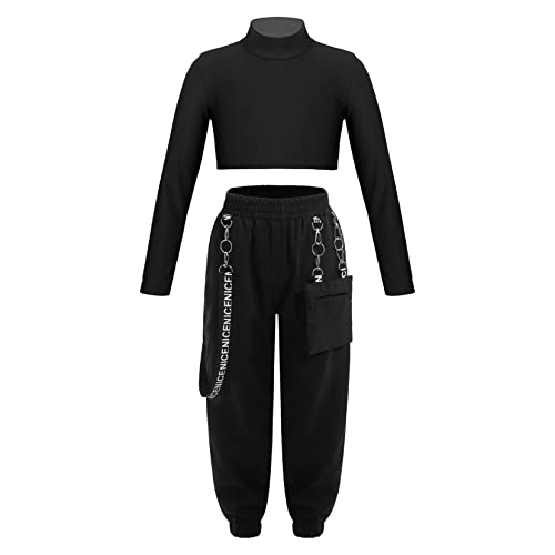 TSSOE Kinder Mädchen 2tlg Bekleidungsset Zweiteiler Sportanzug Trainingsanzug Jogginganzug Freizeitanzug Langarm Crop Top Mit Cargohose Set Schwarz 146-152 von TSSOE