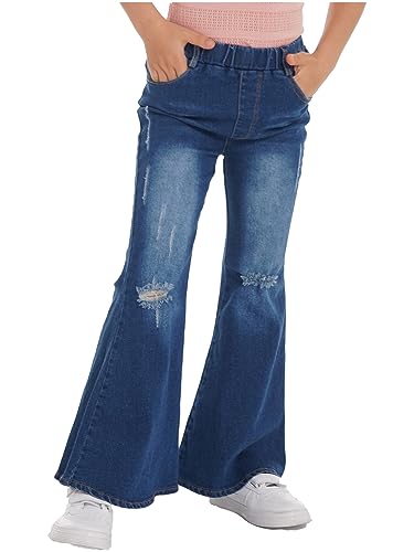 TSSOE Kinder Mädchen Jeanshosen Schlaghose Denim Flared Hose Weitem Bein Freizeithose Schlagjeans Leggings Dunkelblau R 134-140 von TSSOE