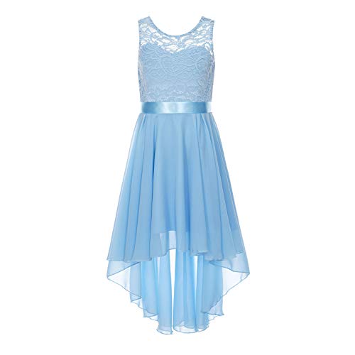 TSSOE Kinder Mädchen Spitzenkleid Chiffon Partykleid Prinzessin Kleid Hochzeit Brautjungfer Blumen Kleider Ärmellose Cocktailkleider Abendkleid Hellblau 146-152 von TSSOE