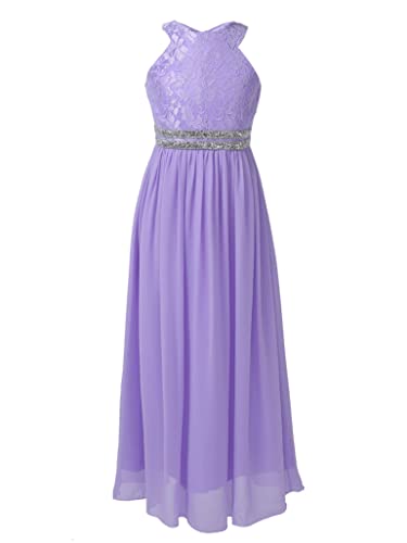 TSSOE Kinder Mädchen Spitzenkleid Chiffon Partykleid Prinzessin Kleid Hochzeit Brautjungfer Blumen Kleider Ärmellose Cocktailkleider Abendkleid Lavendel K 140 von TSSOE