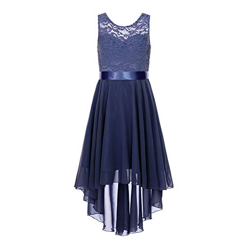 TSSOE Kinder Mädchen Spitzenkleid Chiffon Partykleid Prinzessin Kleid Hochzeit Brautjungfer Blumen Kleider Ärmellose Cocktailkleider Abendkleid Marineblau 146-152 von TSSOE