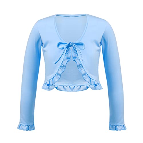 TSSOE Kinder Mädchen Strickjacke Langarm Basic Bolero Tanz Fetslich Schulterjacke Cardigan Jacke Bolerojäckche für Partykleid Kommunionkleid Taufkleid Hellblau L 146-152 von TSSOE
