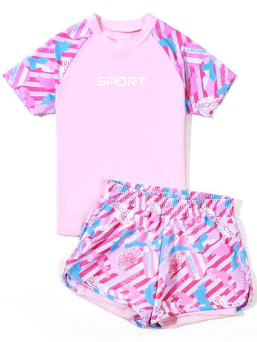 TSSOE Kinder Mädchen Tankini Set Zweiteiliger Badeanzug Langarm/Kurzarm Badeshirt Badeshorts Einhörner Bademode UV Schutz Schwimmbekleidung Rosa R 146-152 von TSSOE