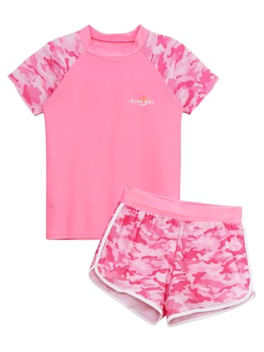 TSSOE Kinder Mädchen Tankini Set Zweiteiliger Badeanzug Langarm/Kurzarm Badeshirt Badeshorts Einhörner Bademode UV Schutz Schwimmbekleidung Rosa S 146-152 von TSSOE