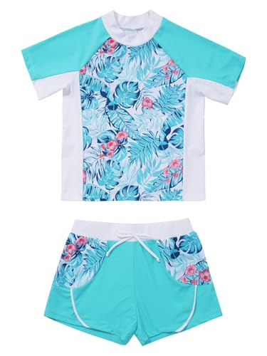 TSSOE Kinder Mädchen Tankini Set Zweiteiliger Badeanzug Langarm/Kurzarm Badeshirt Badeshorts Einhörner Bademode UV Schutz Schwimmbekleidung Tropische Blätter 158-164 von TSSOE
