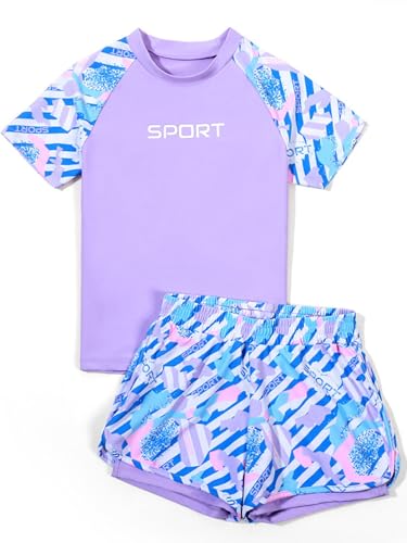 TSSOE Kinder Mädchen Tankini Set Zweiteiliger Badeanzug Langarm/Kurzarm Badeshirt Badeshorts Einhörner Bademode UV Schutz Schwimmbekleidung Violett R 158-164 von TSSOE