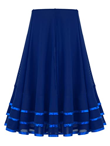 TSSOE Kinder Mädchen Tanzrock Lang Mesh Chiffon Ballttrock A-Linien Rock Faltenrock Tanzkleid Latein Salsa Rumba Tango Flamenco Tanzkostüm Blau 134-140 von TSSOE