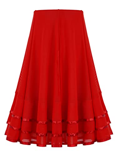 TSSOE Kinder Mädchen Tanzrock Lang Mesh Chiffon Ballttrock A-Linien Rock Faltenrock Tanzkleid Latein Salsa Rumba Tango Flamenco Tanzkostüm Rot 110-116 von TSSOE