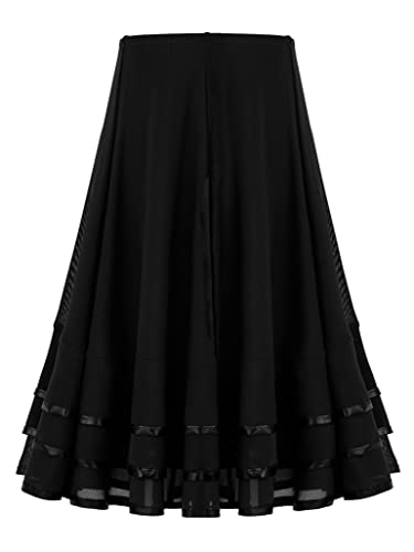 TSSOE Kinder Mädchen Tanzrock Lang Mesh Chiffon Ballttrock A-Linien Rock Faltenrock Tanzkleid Latein Salsa Rumba Tango Flamenco Tanzkostüm Schwarz 122-128 von TSSOE