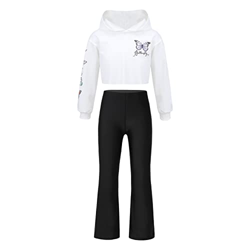 TSSOE Kinder Mädchen Zweiteiler Sportanzug Jogginganzug Langarm Hoodie Schmetterling Sweatshirt + Jogginghose Set 2tlg Bekleidungsset Weiss 146-152 von TSSOE