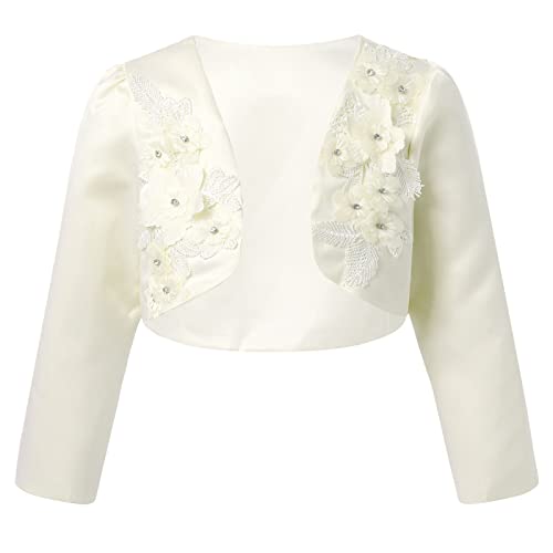 TSSOE Mädchen Bolero Langarm Bolerojacke Blumen Satin Schulterjacke Strickjacke Festlich Jacke für Hochzeit Partykleid Kommunionkleid Taufkleid Champagner 110-116 von TSSOE