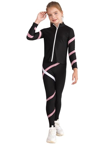 TSSOE Mädchen Eiskunstlauf Trainingsjacken und Hosen Leggings Sets Übungssets Professionelle Warm Trainingsbekleidung Eislauf Outfits Sportbekleidung Rosa 122-128 von TSSOE