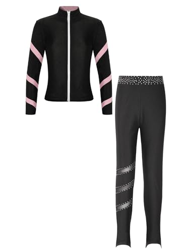 TSSOE Mädchen Eiskunstlauf Trainingsjacken und Hosen Leggings Sets Übungssets Professionelle Warm Trainingsbekleidung Eislauf Outfits Sportbekleidung Rosa C 134-140 von TSSOE