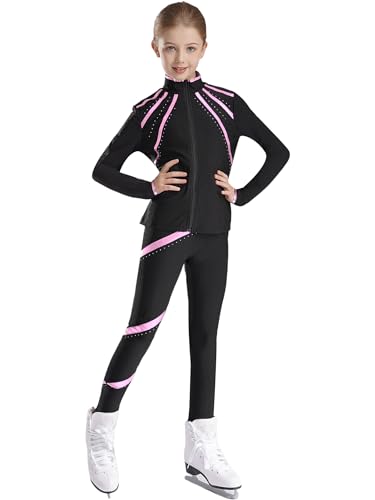 TSSOE Mädchen Eiskunstlauf Trainingsjacken und Hosen Leggings Sets Übungssets Professionelle Warm Trainingsbekleidung Eislauf Outfits Sportbekleidung Rosa D 170 von TSSOE