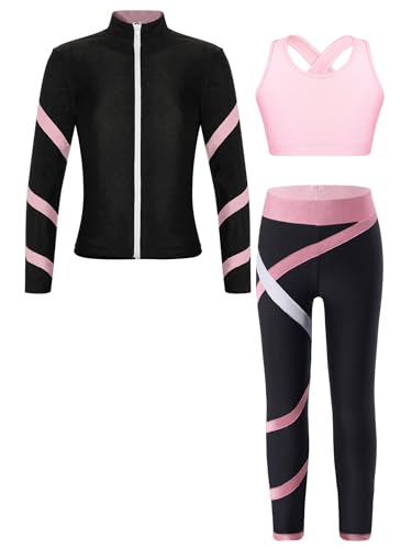 TSSOE Mädchen Eiskunstlauf Trainingsjacken und Hosen Leggings Sets Übungssets Professionelle Warm Trainingsbekleidung Eislauf Outfits Sportbekleidung Rosa E 134-140 von TSSOE